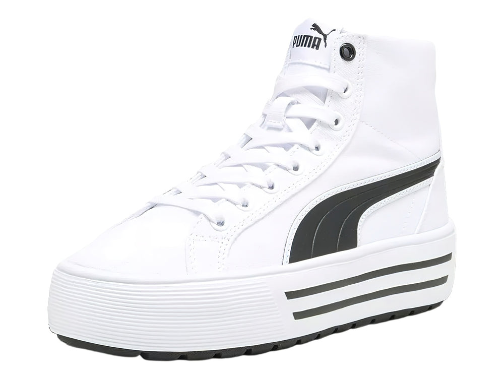 Tenis PUMA Kaia 2.0 Mid en color blanco con franja lateral negra y suela de plataforma blanca.