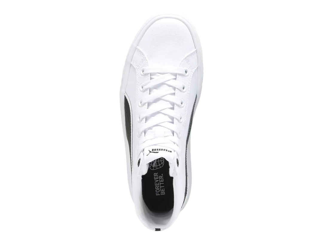 Tenis PUMA Kaia 2.0 Mid en color blanco con franja lateral negra y suela de plataforma blanca.
