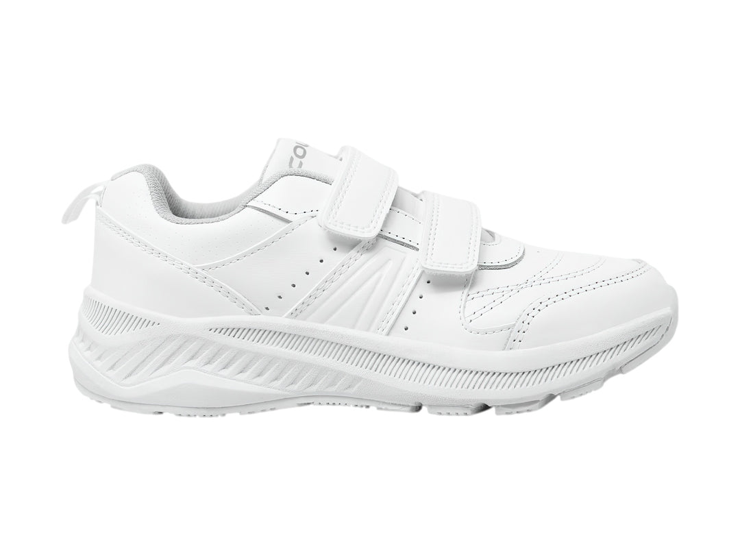 Tenis deportivos color blanco para niño o niña con cierre de dos correas de velcro y suela blanca.