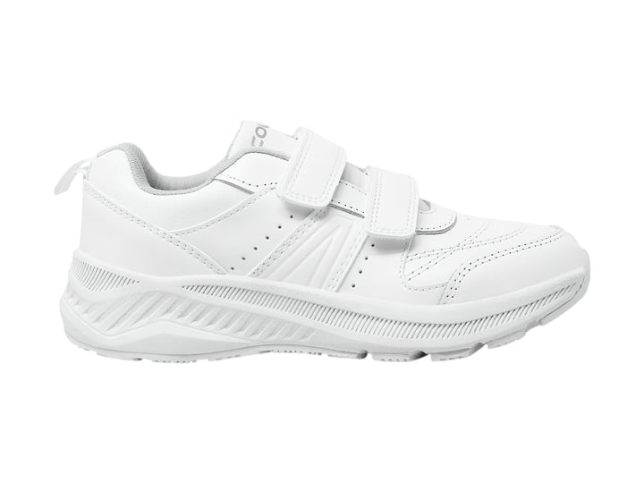 Tenis deportivos color blanco para niño o niña con cierre de dos correas de velcro y suela blanca.