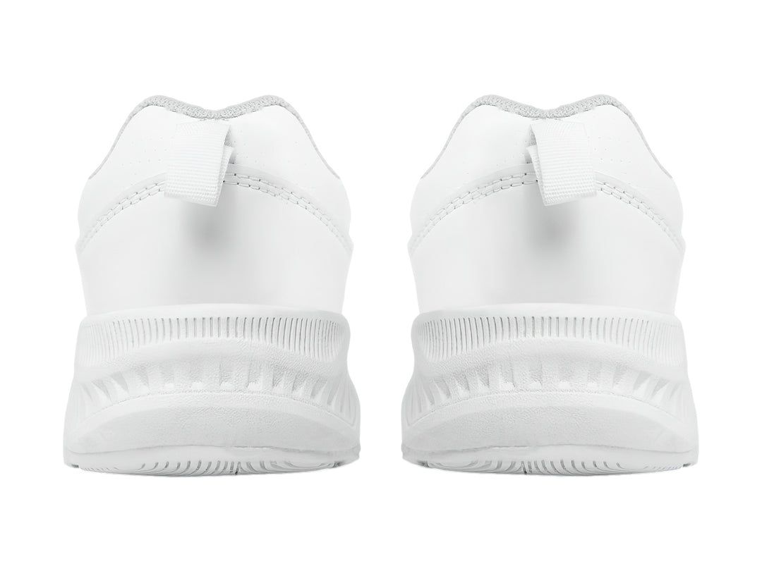 Tenis deportivos color blanco para niño o niña con cierre de dos correas de velcro y suela blanca.