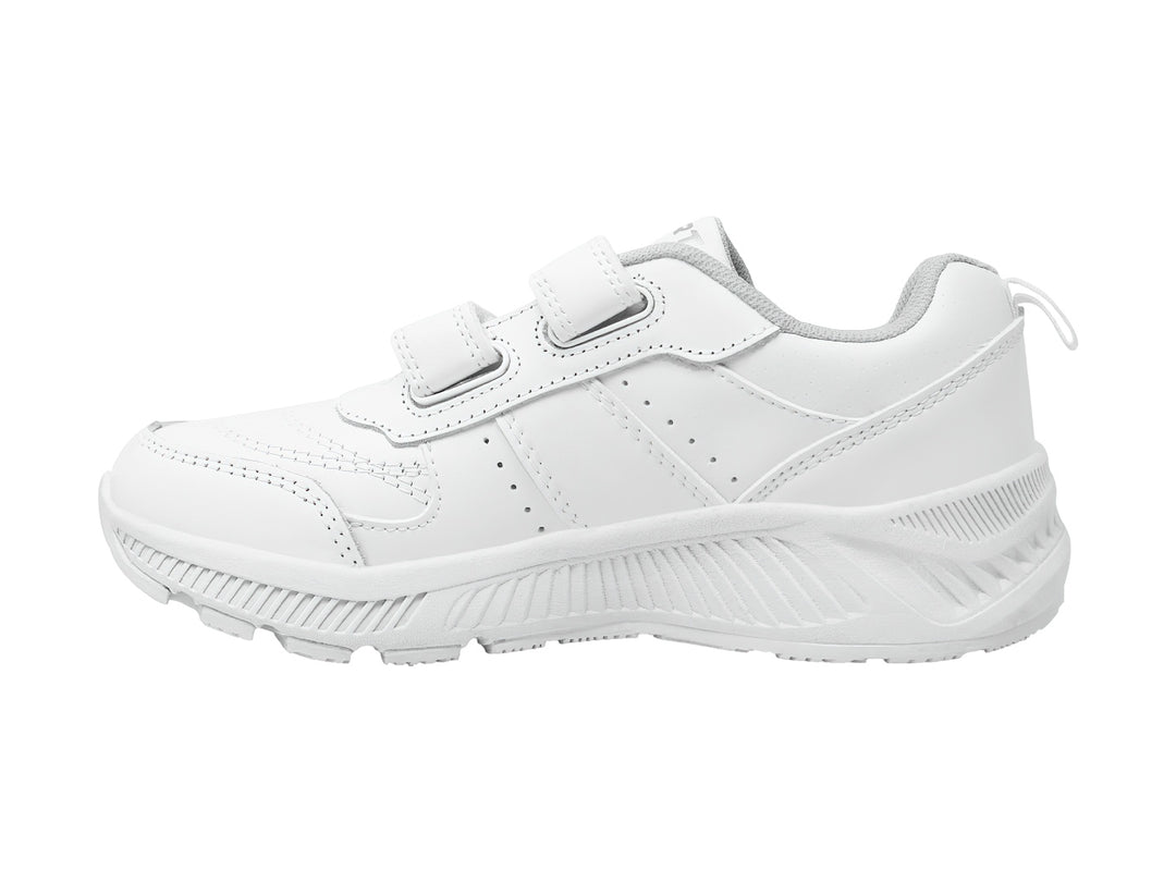 Tenis deportivos color blanco para niño o niña con cierre de dos correas de velcro y suela blanca.