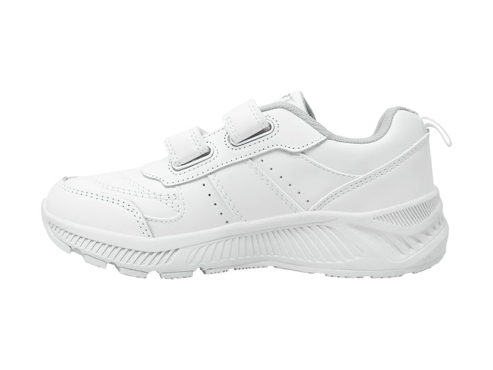 Tenis deportivos color blanco para niño o niña con cierre de dos correas de velcro y suela blanca.