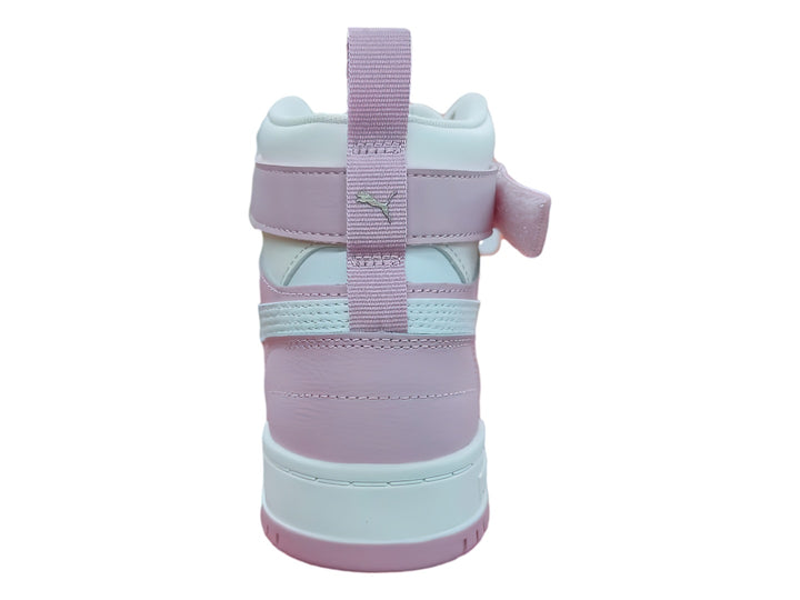 Tenis PUMA de bota alta en colores rosa y blanco con correa de velcro en el tobillo.