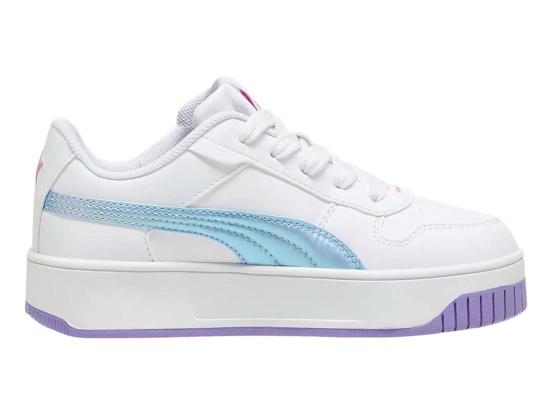 Tenis PUMA blancos con suela morada y detalle en azul cielo para Niña.