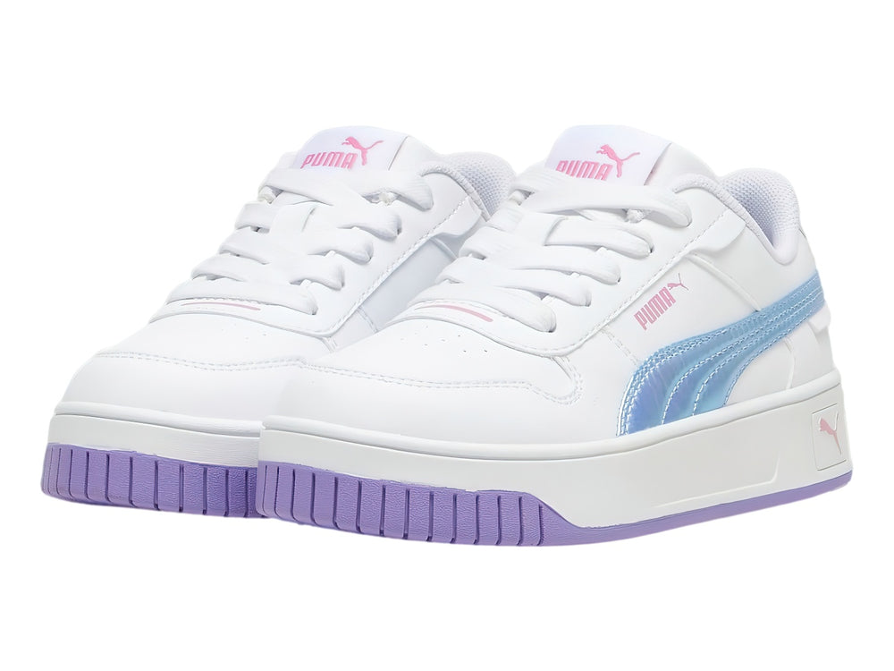Tenis PUMA blancos con suela morada y detalle en azul cielo para Niña.