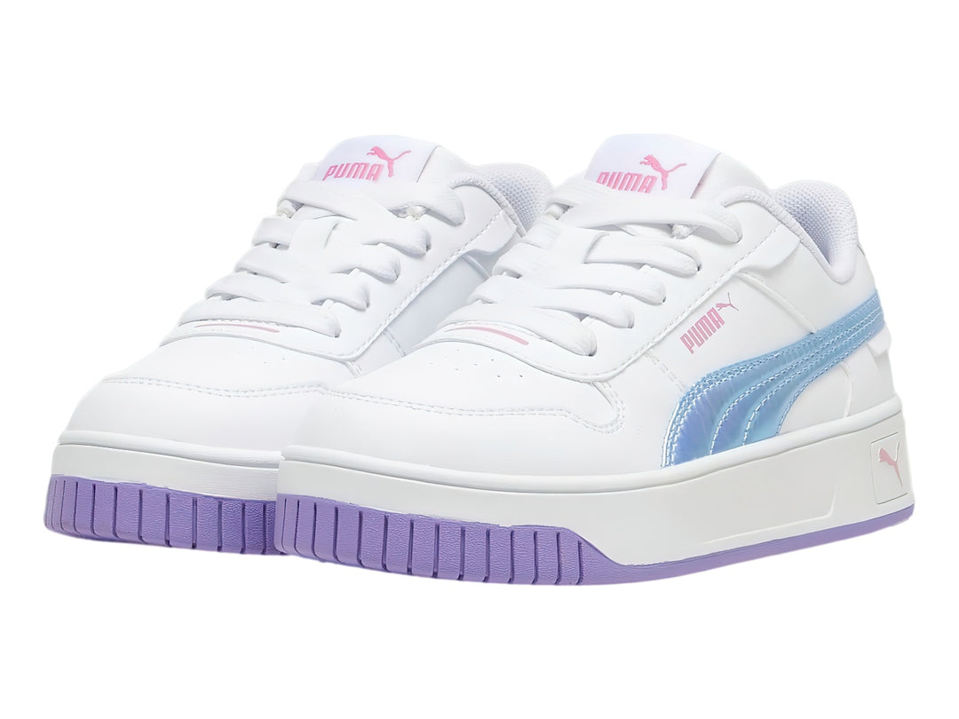 Tenis PUMA blancos con suela morada y detalle en azul cielo para Niña.
