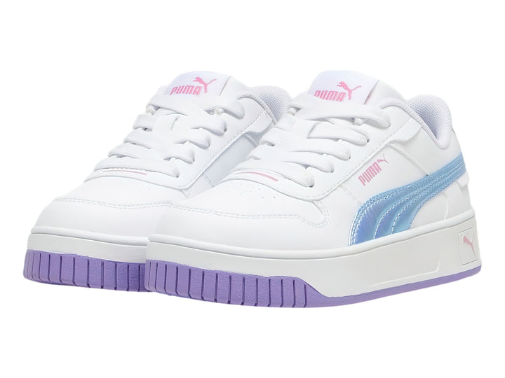 Tenis PUMA blancos con suela morada y detalle en azul cielo para Niña.