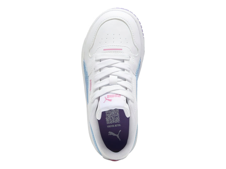 Tenis PUMA blancos con suela morada y detalle en azul cielo para Niña.