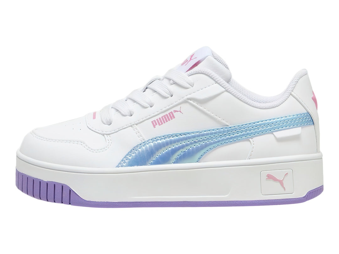 Tenis PUMA blancos con suela morada y detalle en azul cielo para Niña.