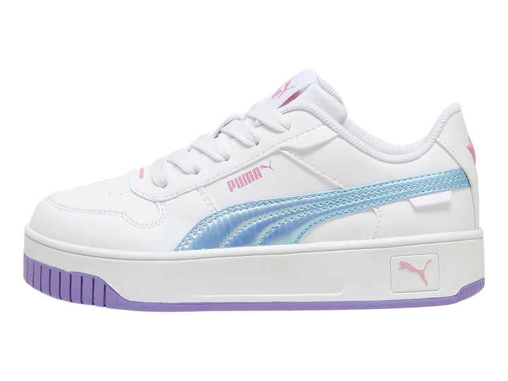 Tenis PUMA blancos con suela morada y detalle en azul cielo para Niña.