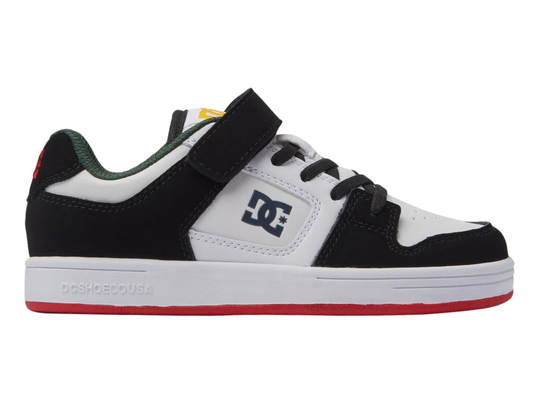 Tenis DC Shoes para niño en colores blanco, negro y rojo con cierre de velcro y agujetas.