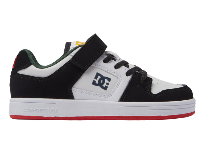 Tenis DC Shoes para niño en colores blanco, negro y rojo con cierre de velcro y agujetas.