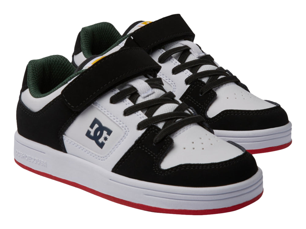 Tenis DC Shoes para niño en colores blanco, negro y rojo con cierre de velcro y agujetas.