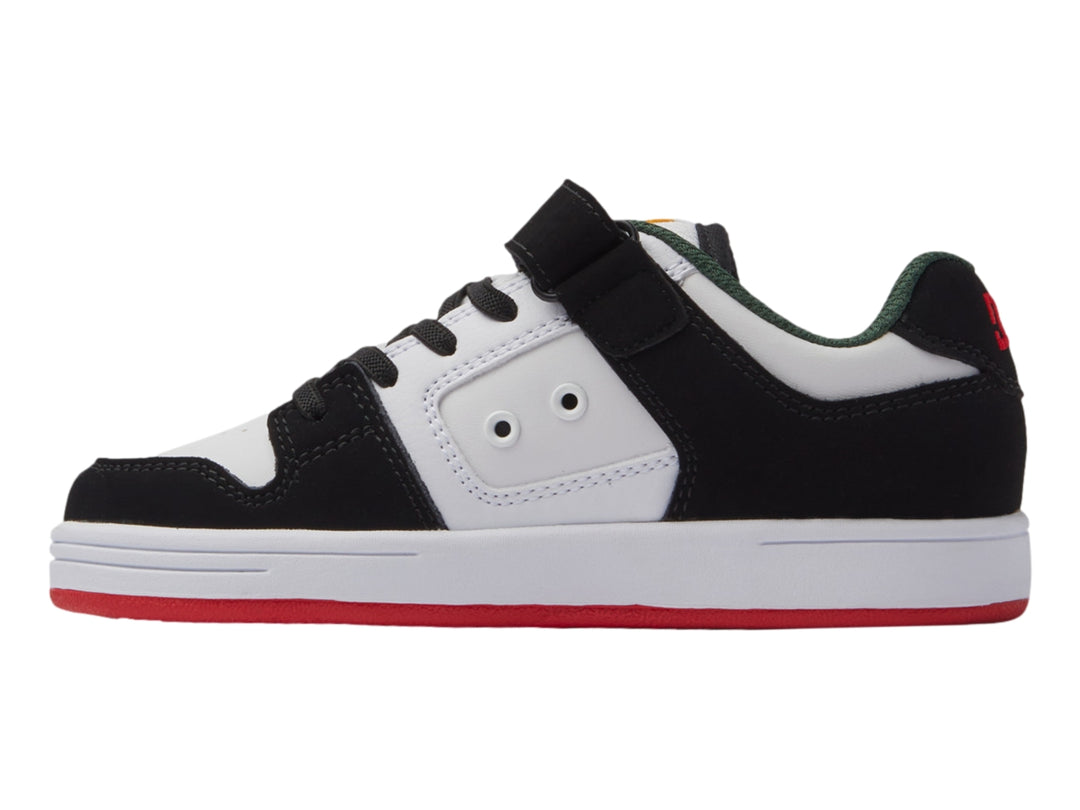 Tenis DC Shoes para niño en colores blanco, negro y rojo con cierre de velcro y agujetas.