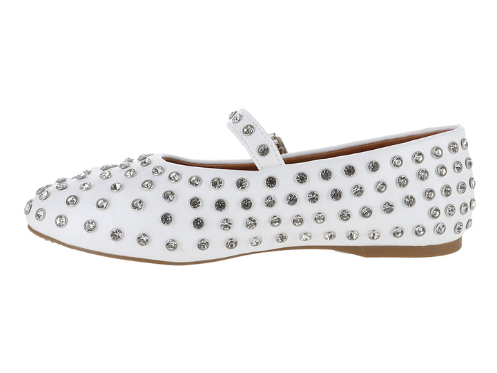 Zapato plano color off white para niña con decoración de pedrería brillante y correa con hebilla.