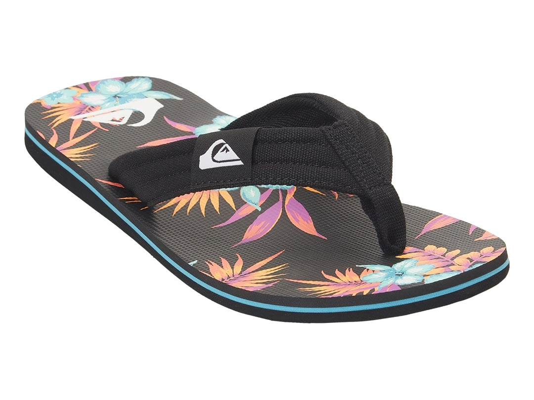 Sandalias negras Quiksilver con plantilla estampada y detalle azul en la suela.
