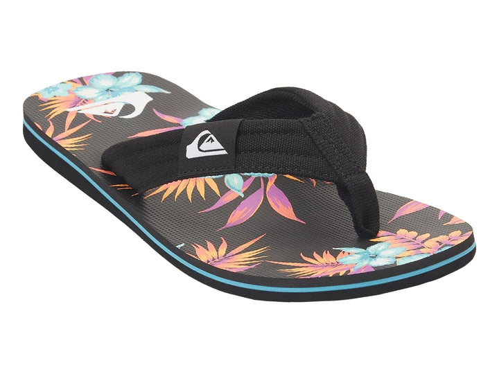 Sandalias negras Quiksilver con plantilla estampada y detalle azul en la suela.