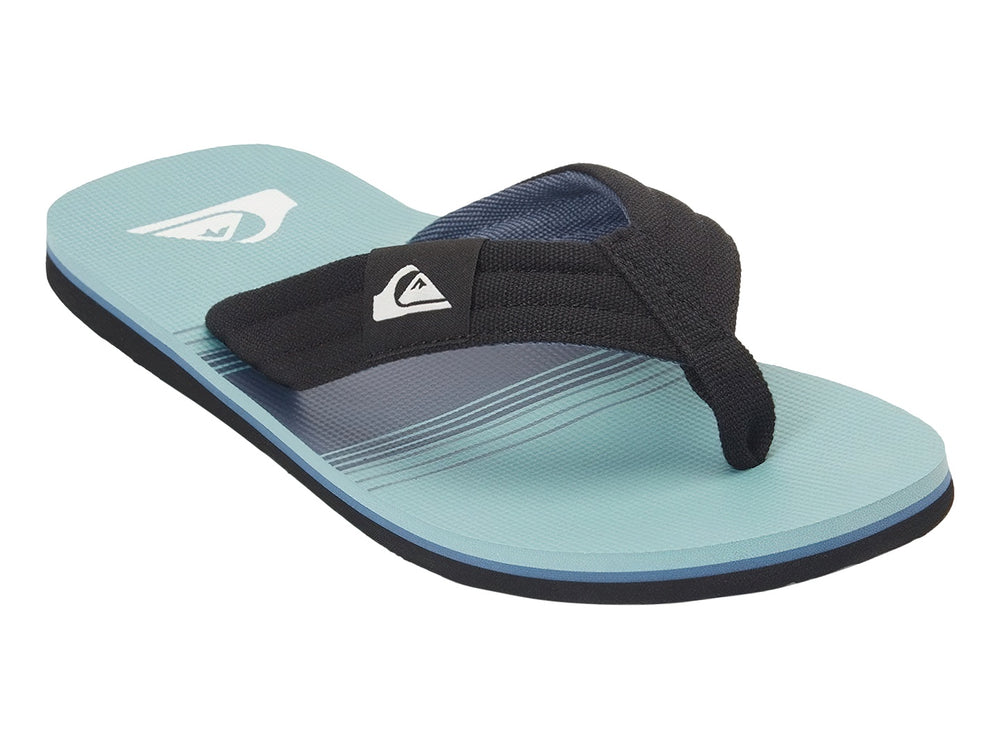 Sandalias Quiksilver de color azul con correas negras y suela negra.