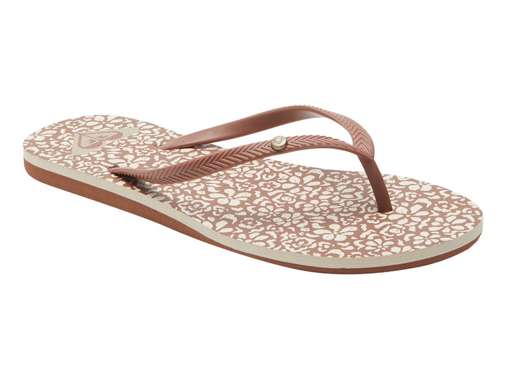 Sandalias de dedo ROXY en colores marrón y beige con estampado en la plantilla.