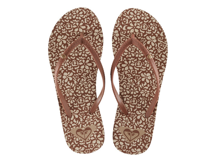 Sandalias de dedo ROXY en colores marrón y beige con estampado en la plantilla.