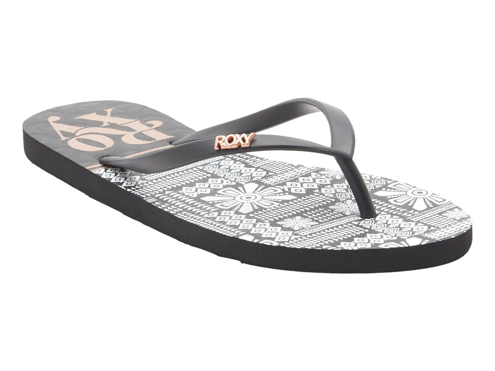Sandalias Roxy de dedo con correas negras y plantilla blanca con estampado en negro.