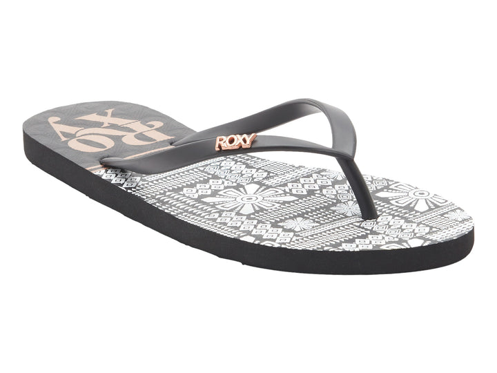 Sandalias Roxy de dedo con correas negras y plantilla blanca con estampado en negro.