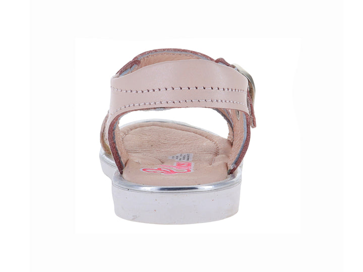 Sandalia rosa para niña con detalle de moño brillante, hebilla plateada y suela blanca.