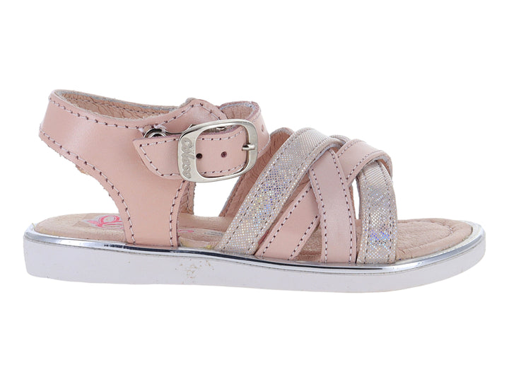 Sandalia para Niña en color rosa con tiras brillantes y suela blanca.