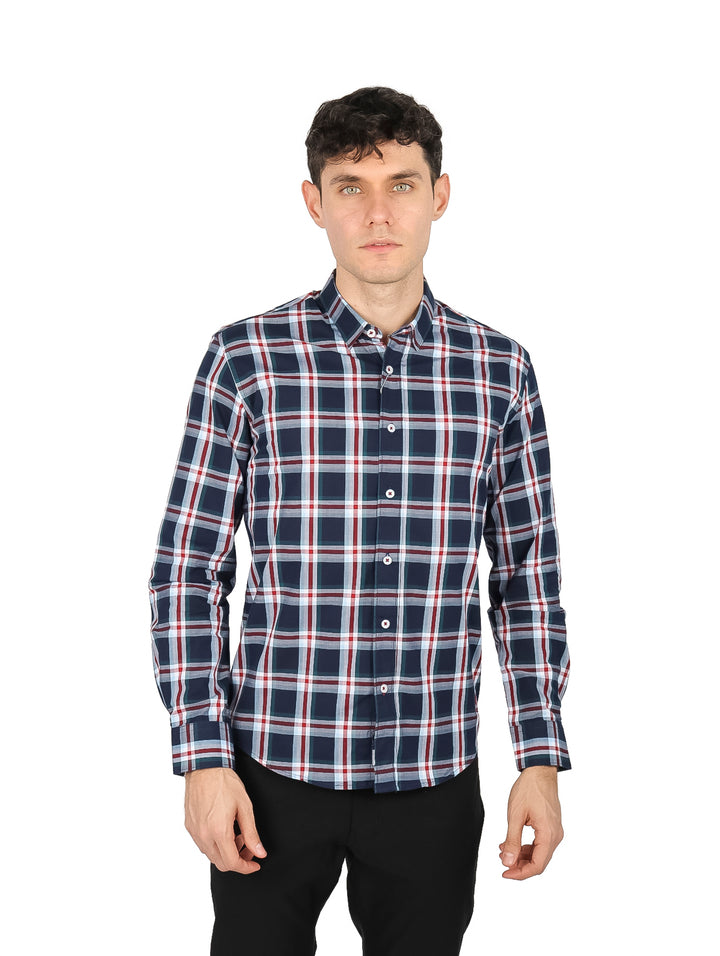 Camisa de manga larga para hombre con estampado de cuadros en colores azul, blanco y rojo.