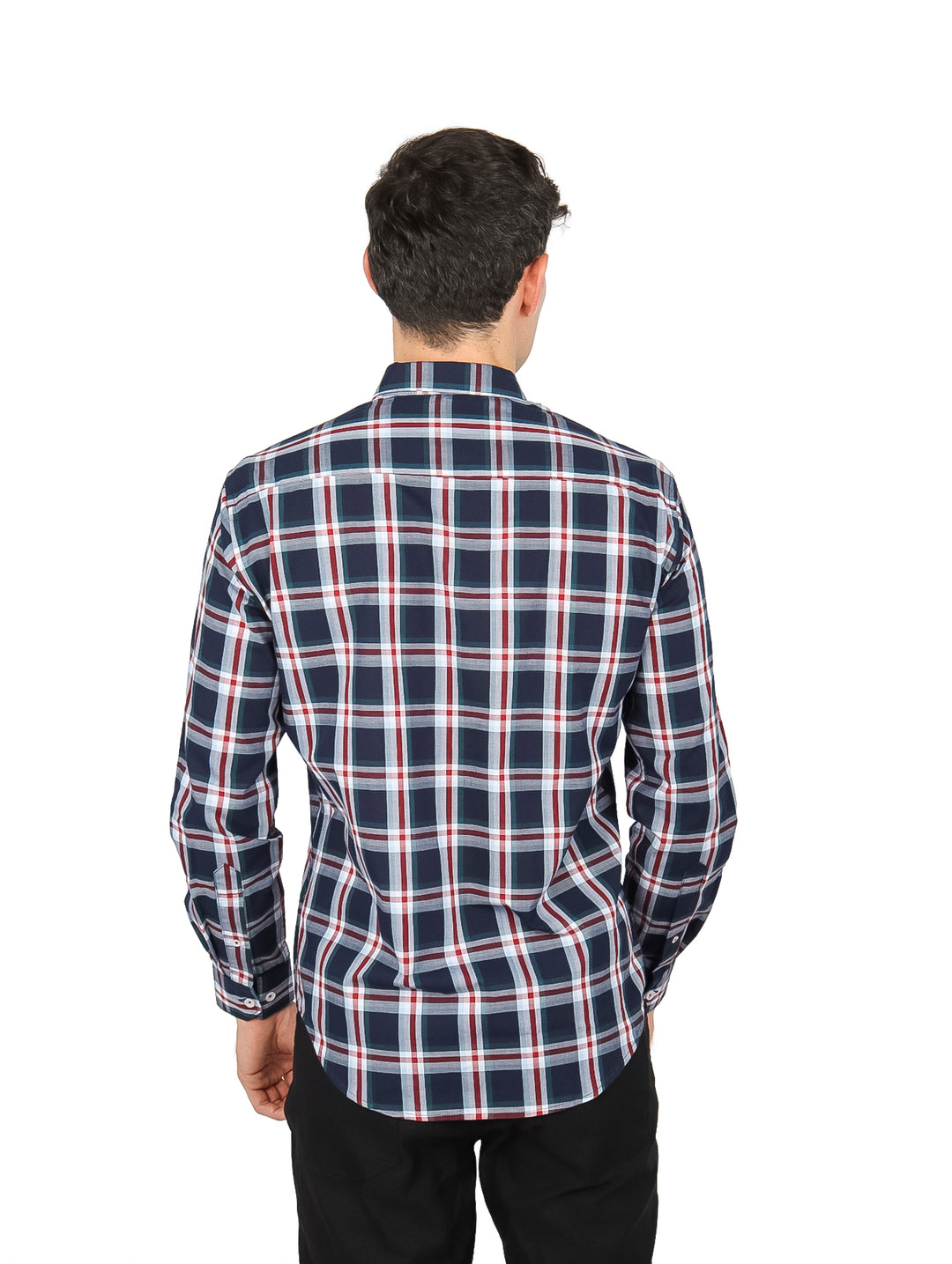 Camisa de manga larga para hombre con estampado de cuadros en colores azul, blanco y rojo.