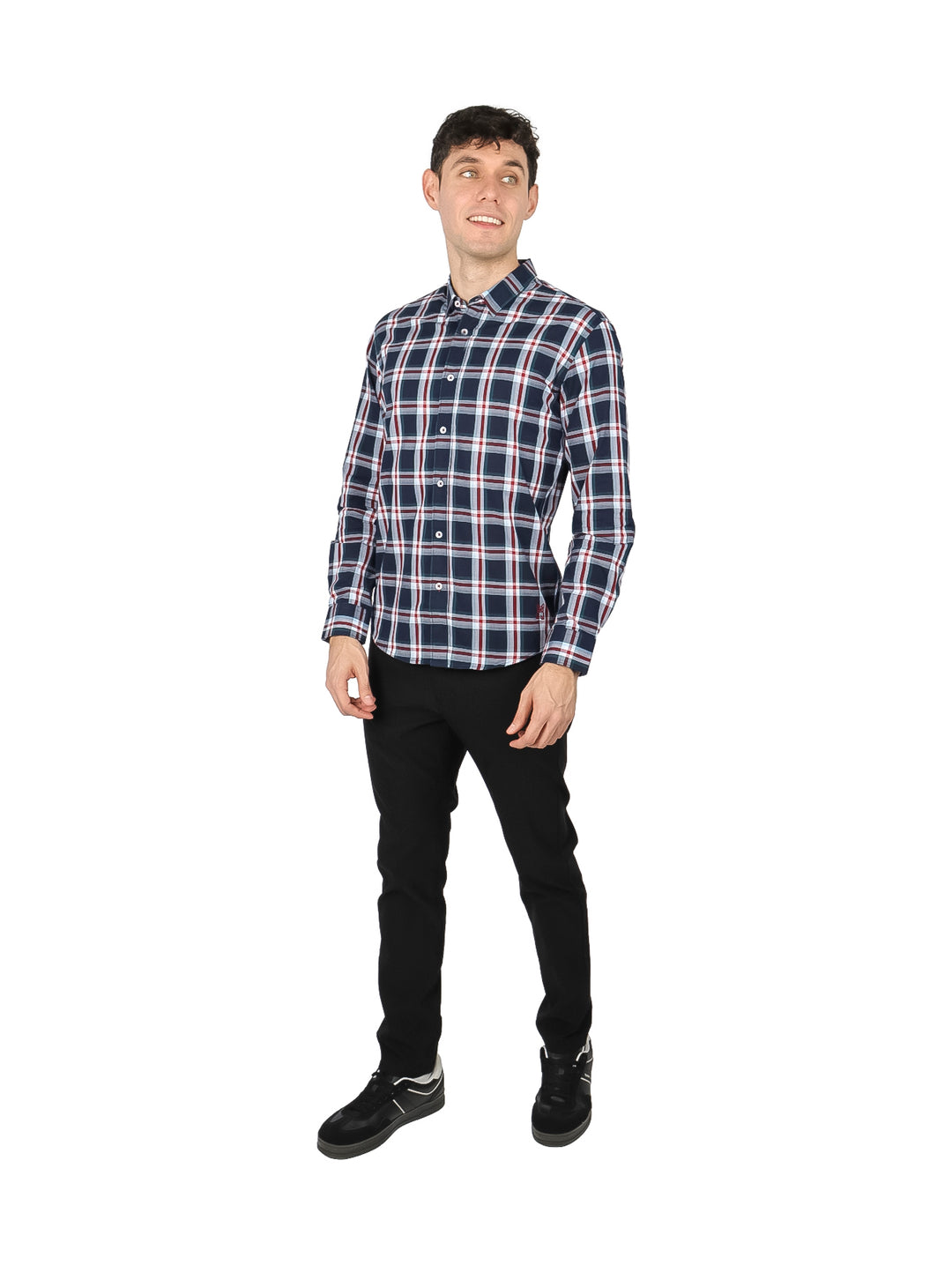 Camisa de manga larga para hombre con estampado de cuadros en colores azul, blanco y rojo.