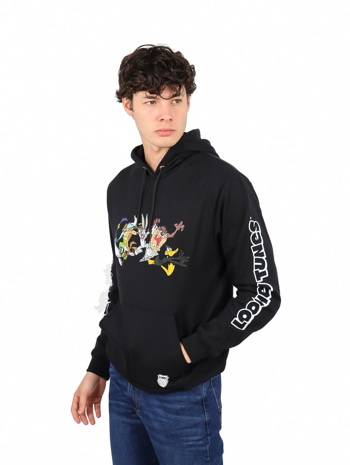 Sudadera negra con capucha y diseño de Looney Tunes en el pecho y manga.
