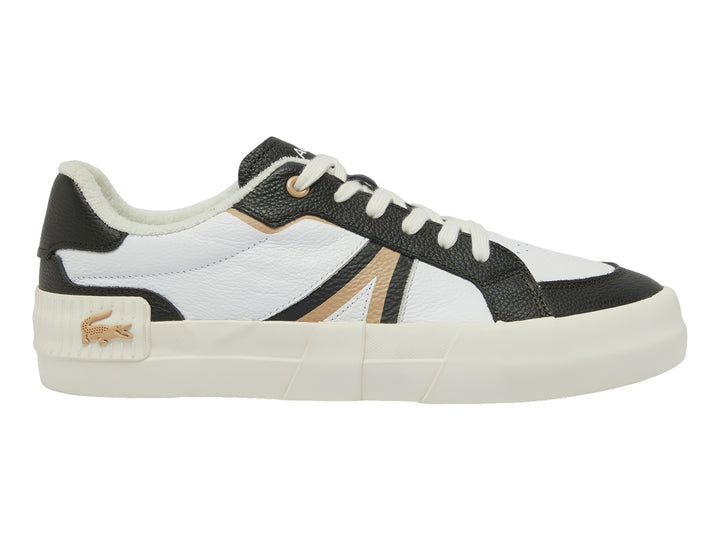 Tenis Lacoste blancos con detalles en negro y dorado y suela blanca ancha.