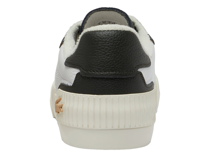 Tenis Lacoste blancos con detalles en negro y dorado y suela blanca ancha.