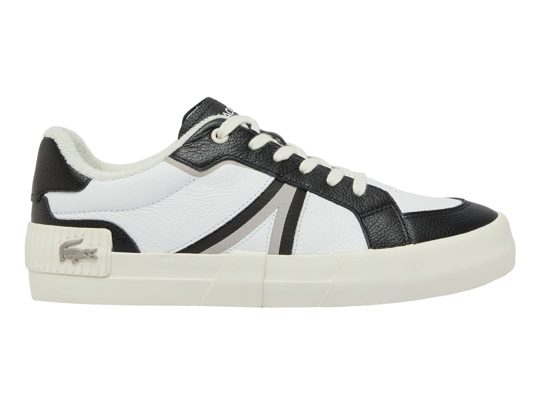 Tenis Lacoste blancos con detalles en negro y gris, suela blanca ancha.