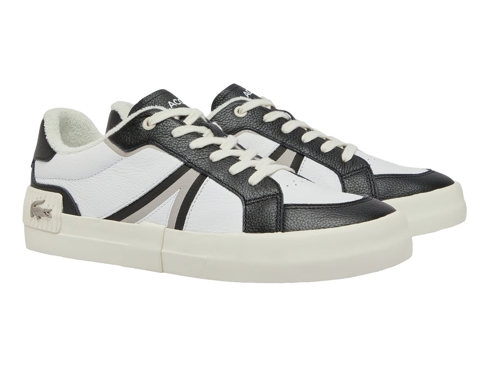Tenis Lacoste blancos con detalles en negro y gris, suela blanca ancha.