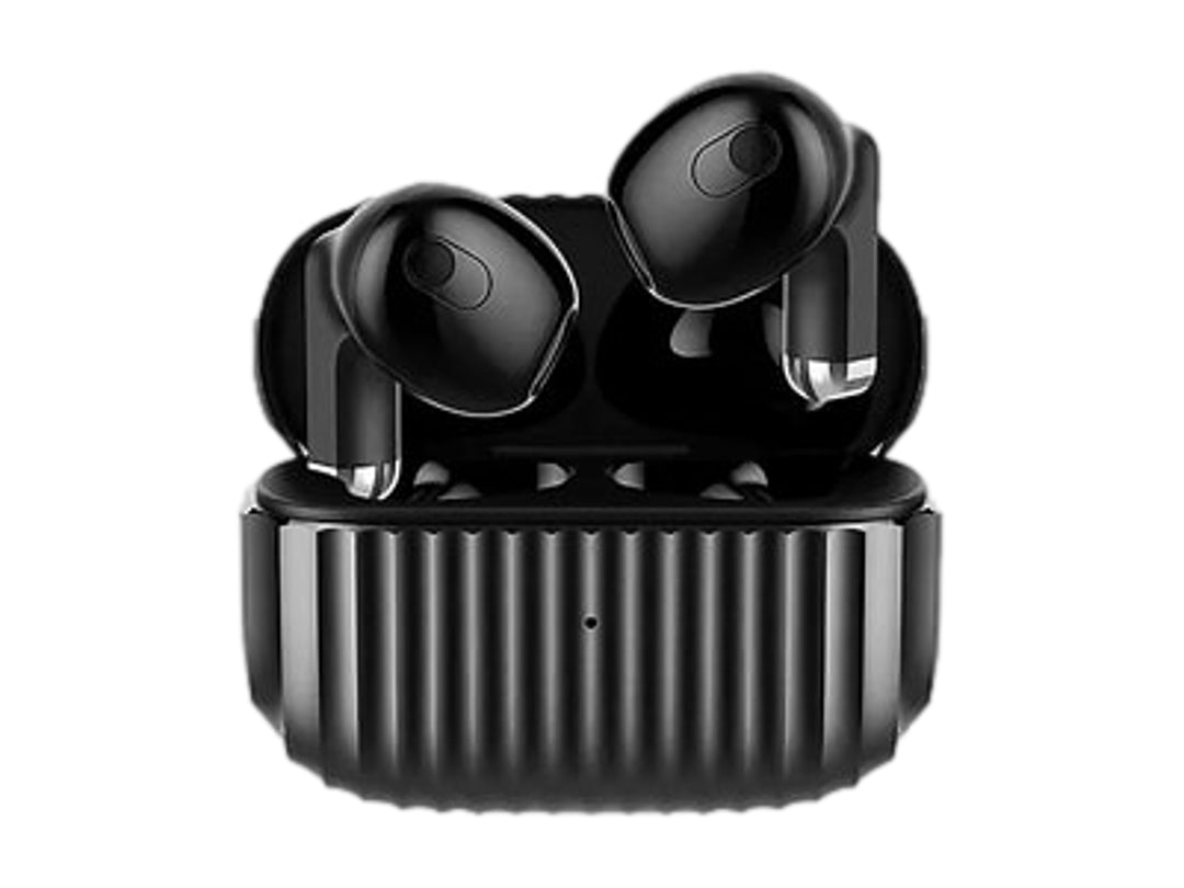 Audífonos inalámbricos G TIDE H21 color negro con su estuche de carga coordinado sobre fondo blanco.