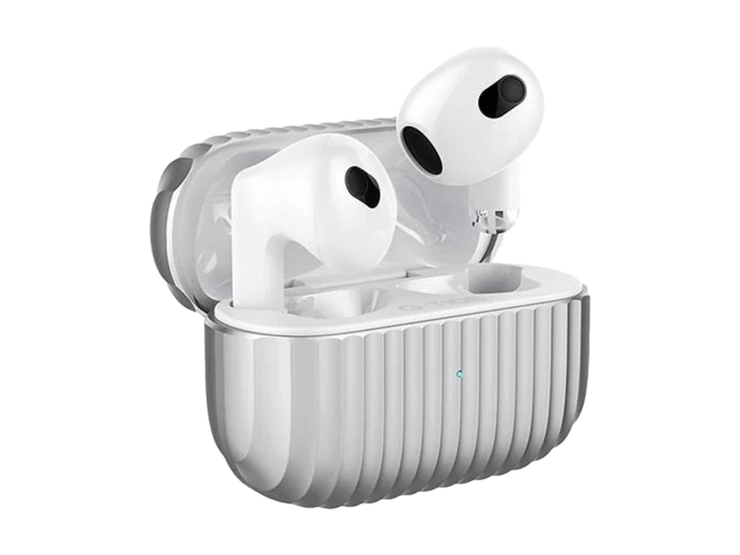 Audífonos inalámbricos G TIDE H21 en color plata con estuche de carga texturizado y auriculares blancos.