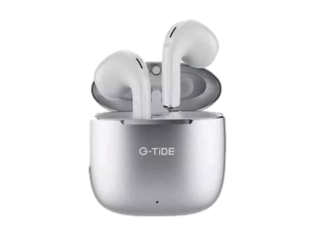 Audífonos inalámbricos G-Tide en color plata y blanco con su estuche de carga compacto.