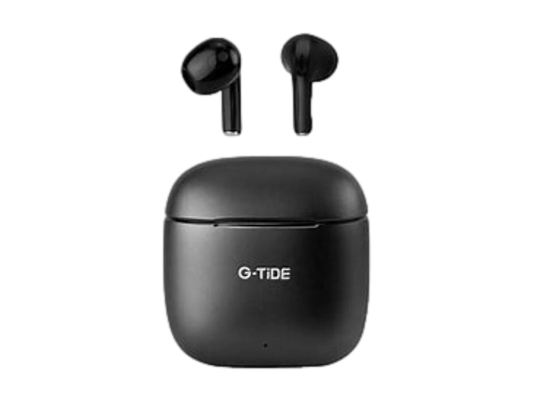 Audífonos inalámbricos G-Tide color negro con su estuche de carga compacto.