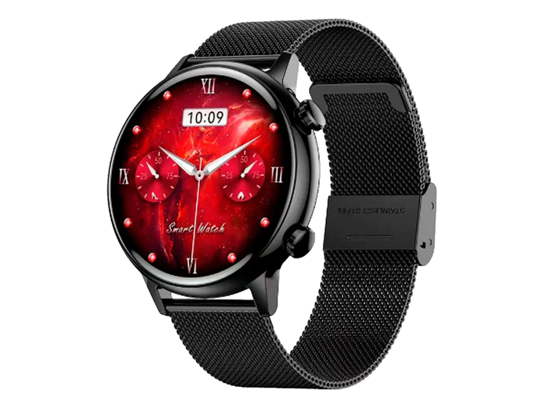 Reloj inteligente G TIDE Romance en color negro con correa de malla metálica y pantalla circular con fondo rojo.