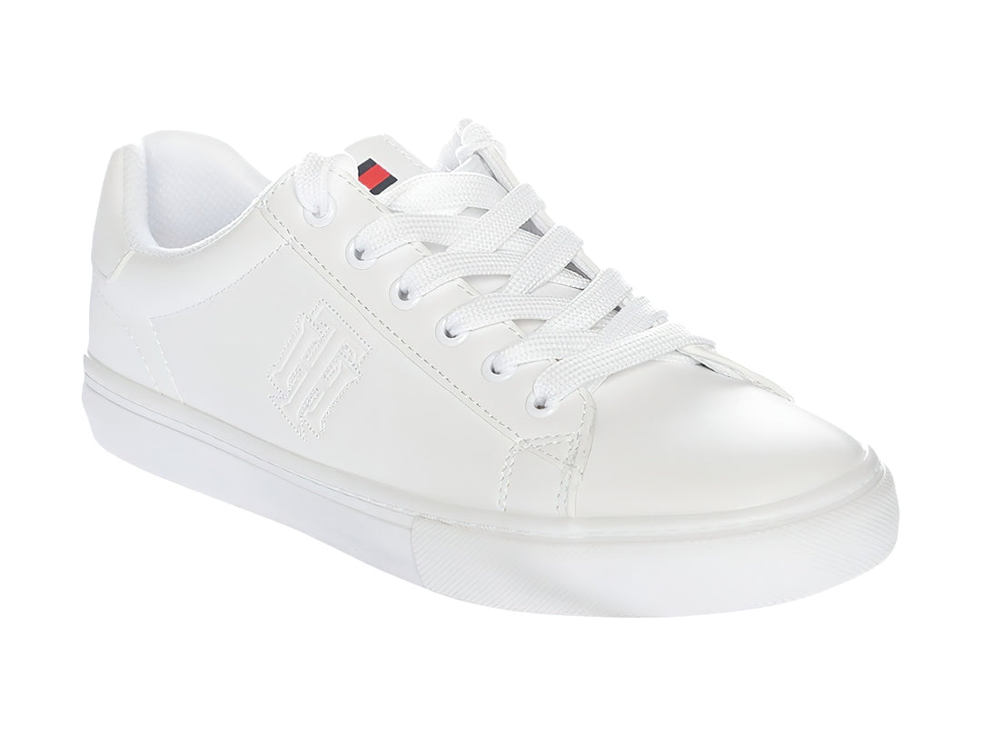 Tenis Tommy Hilfiger modelo Twle Ighton en color blanco total con suela plana y agujetas.