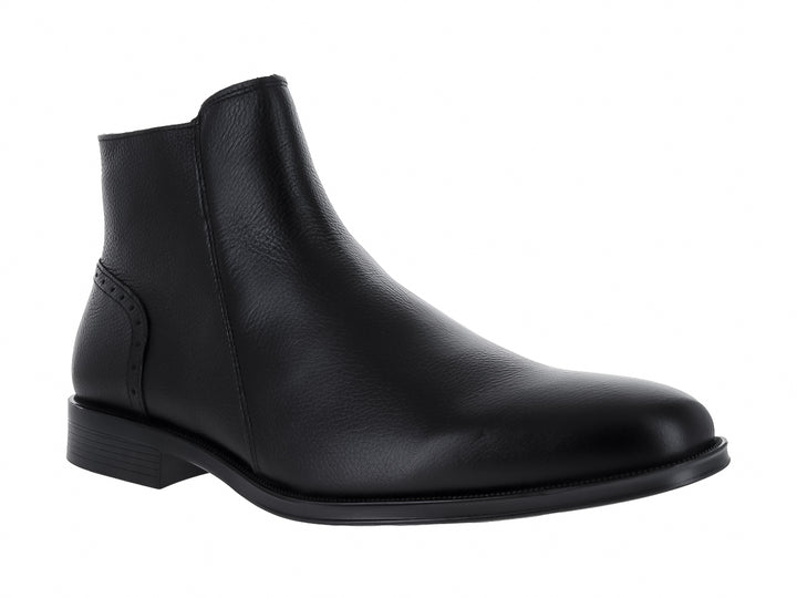 Botín de cuero negro para hombre con diseño elegante y punta redonda.