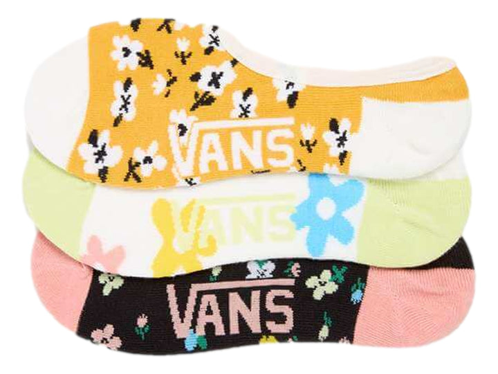 Paquete de tres pares de calcetines cortos Vans con estampados florales en colores amarillo, verde lima y negro.