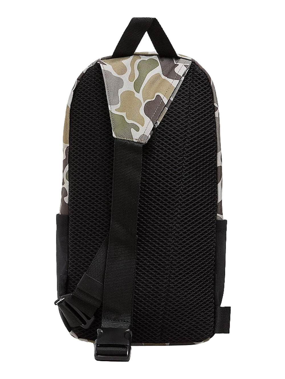 Bolso sling de VANS con estampado de camuflaje en tonos verdes y cafés, detalles en negro y logotipo frontal.