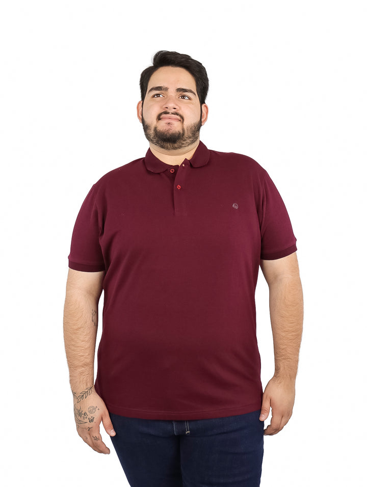 Hombre vistiendo playera tipo polo color vino de manga corta.