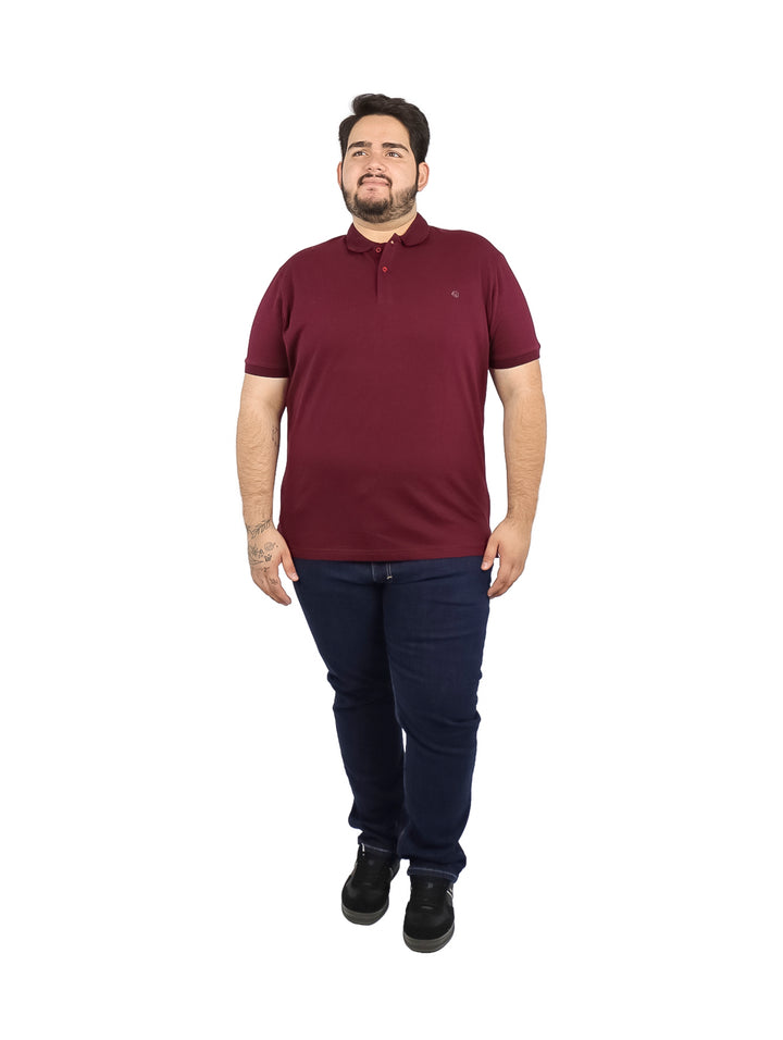 Hombre vistiendo playera tipo polo color vino de manga corta.