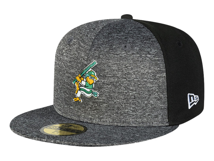 Gorra de béisbol New Era en color gris jaspeado y negro con bordado de mascota deportiva en el frente.