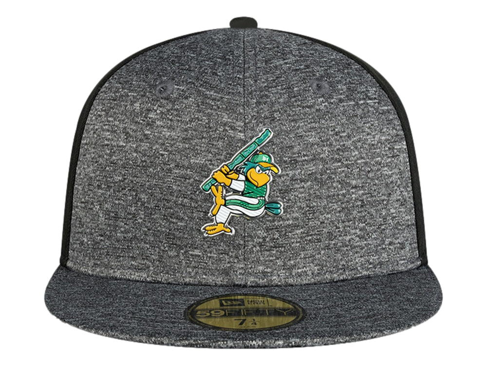 Gorra de béisbol New Era en color gris jaspeado y negro con bordado de mascota deportiva en el frente.